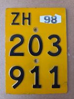 Velonummer ZH 98 gelb Mofanummer Plaque Mofa 911
