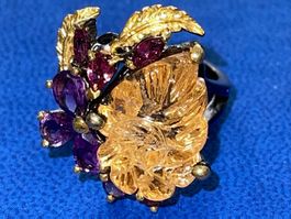 10cts Citrine & Amethysts Black SS925 14K Gold Vermeil Ring