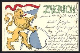 Litho Zürich, Löwe mit Flagge und Wapp