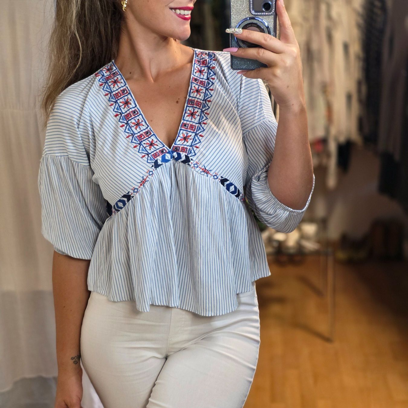 Blusen: Coton Boho Bluse mit Stickerei & Perlen Gr. 38 – Gebraucht aus Wald ZH von CapLux
