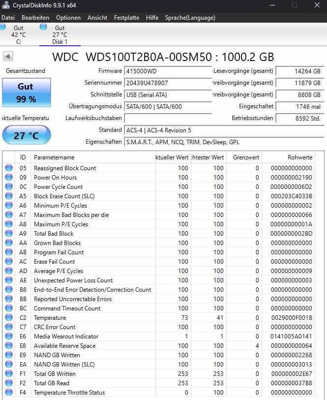 Western Digital Harddisks: SSD WD Blue 1TB – Gebraucht aus Willisau von aronet 2