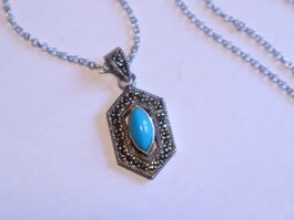 Türkis mit Markasiten 925 Silber Anhänger an Silber Halskett
