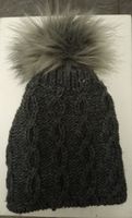 Warme, handgestrickte Wintermütze mit Bommel, Grau
