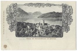 Vitznau  mit  Vierwaldstättersee  und  Bahntrasse.