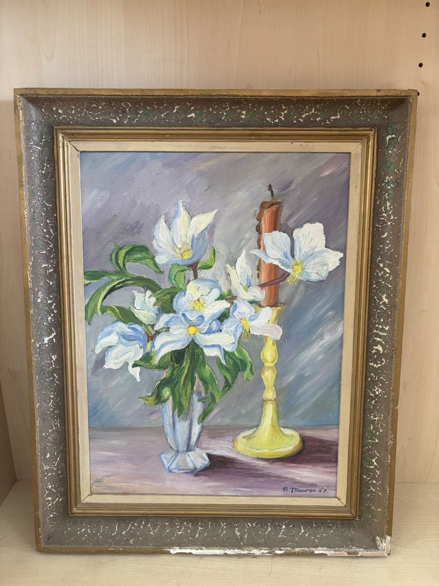 Dipinti: Tableau fleurs et bougeoir R. Mauron  – Usato da Les Brenets venduto da moe_ym8r