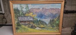 Belle peinture alpine, chalet et montagnes, automne, sign...