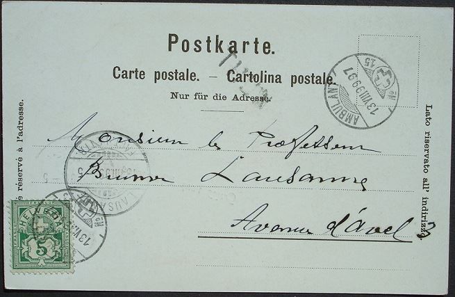 Cartoline postali: 3-Bild-LITHO Gruss vom THUNERSEE 1899 Stabstempel – Usato da Jona venduto da philajona 1