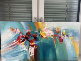 Opera d'arte moderna su tela, colori vivaci, firmata.49