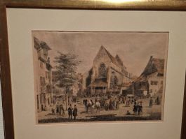 Bild antik Basel Barfüsserplatz 1840 mit echten Goldrahmen