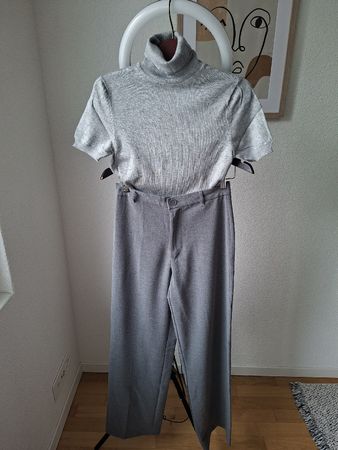 Elegantes graues Set (Rollkragen Top + High-Waist Hose)S