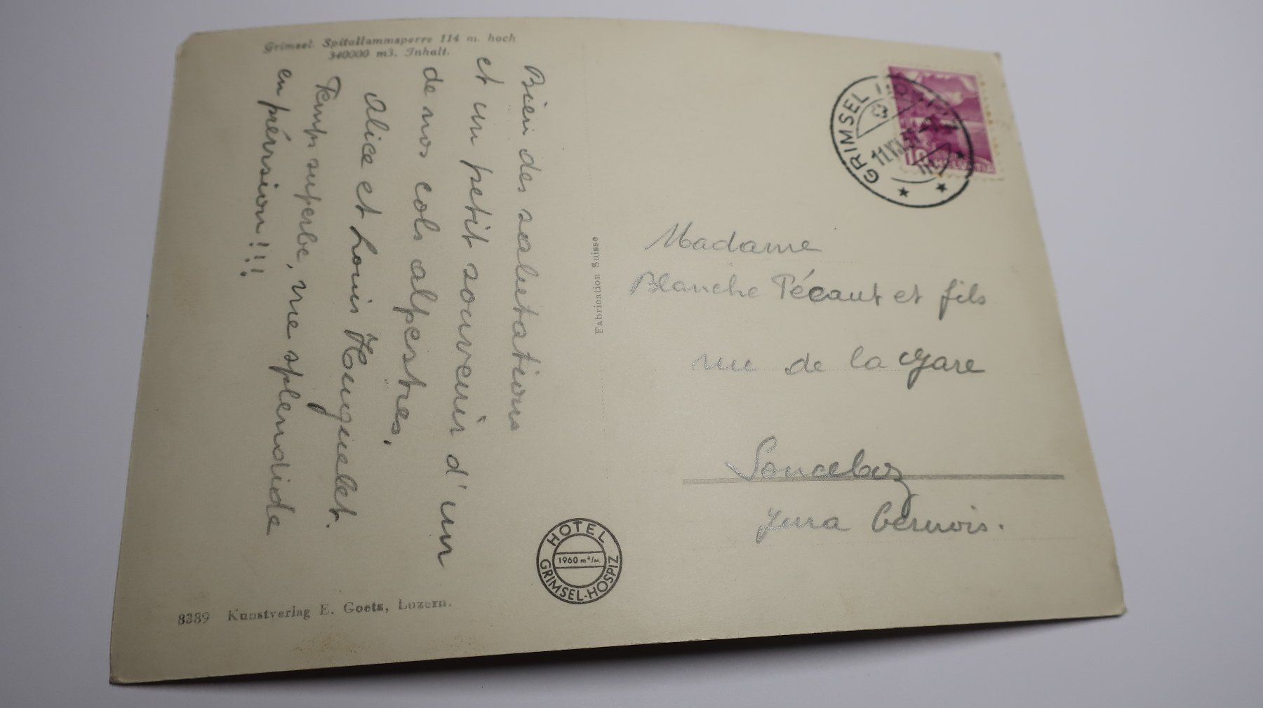 Cartoline postali: Grimsel Spitallammsperre  1937 – Usato da Cormoret venduto da Pascalll2001 5