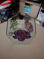 Glas Windlicht, handbemalt, Blumen & Kolibri