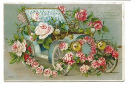 Oldtimer Auto - verziert mit Rosen-Girlande Präge-Litho 1911