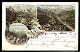 Lithographie Schynigen Platte, Ansicht mit Hotel-Terrasse, B