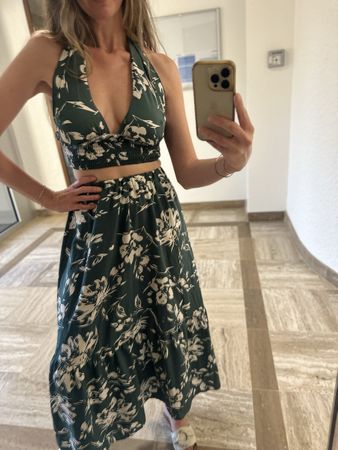 Two Piece Set Women  Dark green  Floral Pattern Size M