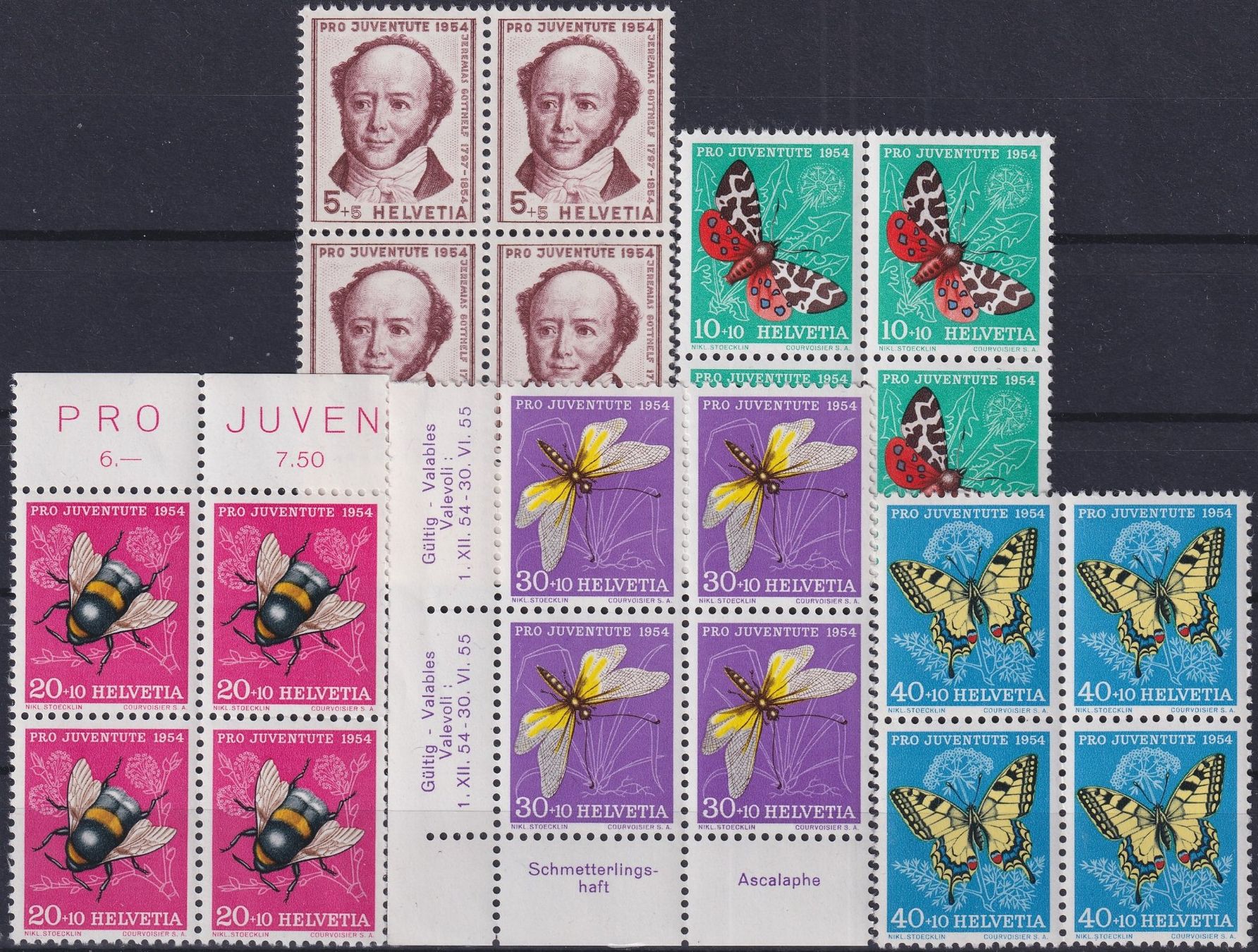 Alle Briefmarken: 1954, J153-157 im Viererblock ** postfrisch, Kat: 40.-+ – Gebraucht aus Sursee von Luzernerraute