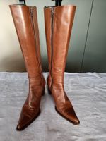 Spitze kniehohe Stiefel, Cognacfarben, Grösse 37.5