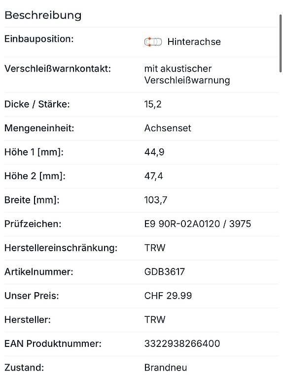 Nissan Toutes les pièces auto: TRW DF6787 & TRW GDB3617 Bremsbeläge – Neuf avec emballage d'origine à Affoltern am Albis par sch_67yt 4