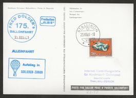 Ballon Schweiz 1961 Schlieren Gamlikon Flugpost Luftpost