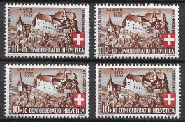 1939: Pro Patria Nr.B2 Vier Marken mit Plattenfehler **