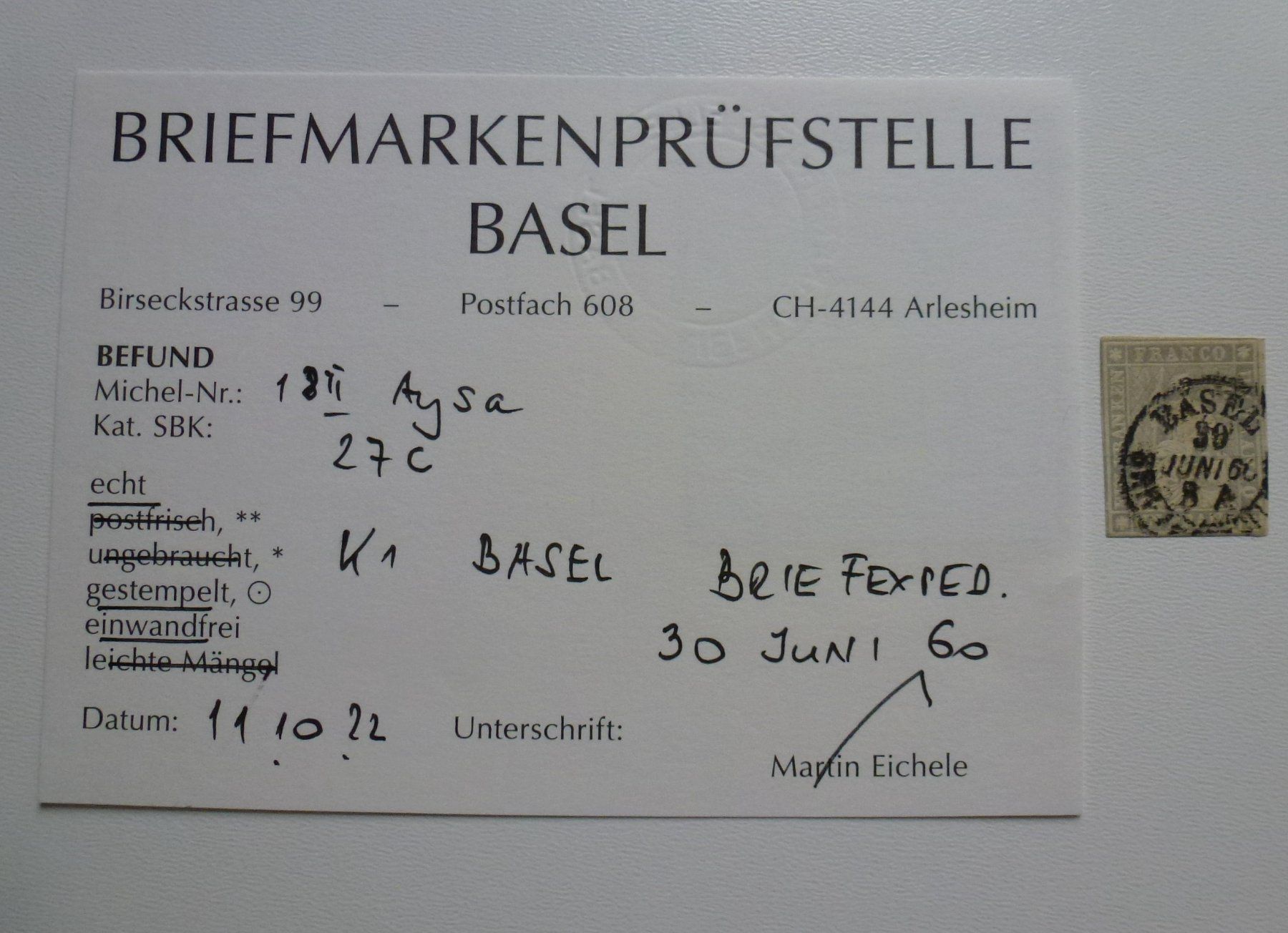 Tutti i francobolli: 1860 - 1.- Fr. Strubel 27C  - einwandfrei mit Befund – Usato da Walkringen venduto da Casablanca777 2