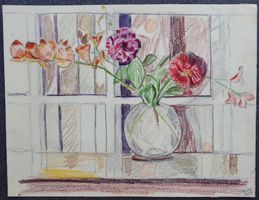 Zeichnung mit Bleistift & Buntstift: Blumenstilleben, 1958