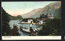AK Interlaken, Ost-Station mit Dampfern