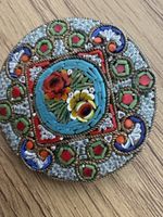 Vintage Italian Micro Mosaic Floral Round Brooch Pin C. 1920