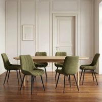 6er Set Esszimmerstühle Chenille Olive Schwarze Metallbeine