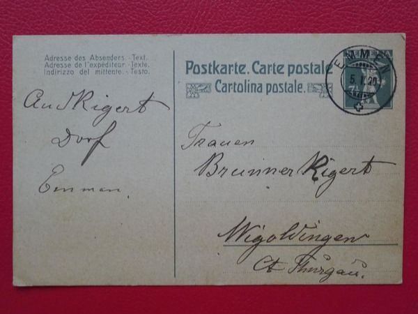 Alle Briefmarken: 1920, saubere Postkarte von EMMEN LU – Gebraucht aus Sursee von Luzernerraute