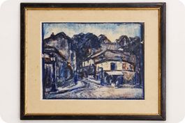 Tableau ancien – Paysage de village aux tons bleus