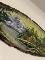 Holzbild Landschaft mit Hütte und Berg, bemalt, Unikat