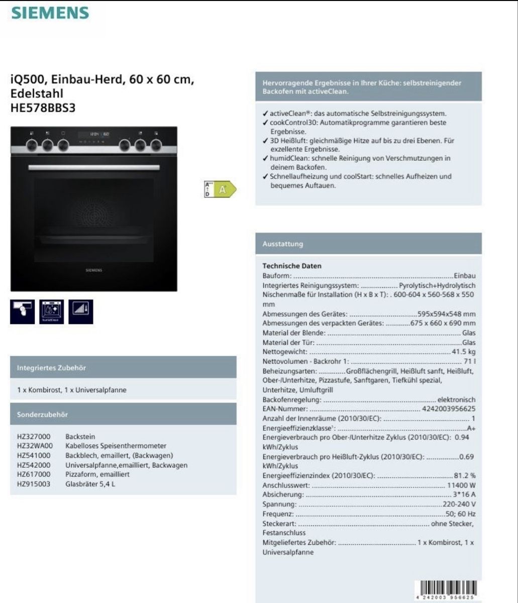 Siemens Herde: Siemens iQ500 HE578BBS3 Einbau-Herd neu – Neu (gemäss Beschreibung) aus Bonstetten von kaiser_a 6