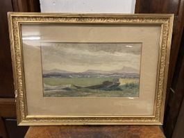 Aquarelle ancienne, paysage lacustre avec bateaux pêche 54