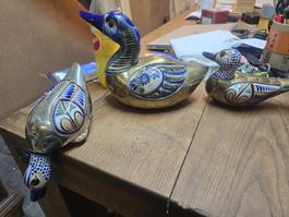 5 Antike Dekorative Enten Keramik Messing (D1)