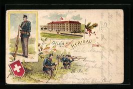 Litho Herisau, Kaserne mit Soldaten