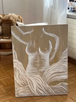 Leinwandbild Aktzeichnung weiss auf beige neuwertig
