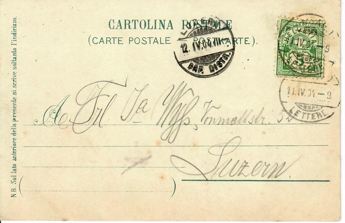 Cartoline postali: Lugano, Piazza Berndoria 1904 – Usato da Hochdorf venduto da Ziegel-16 1