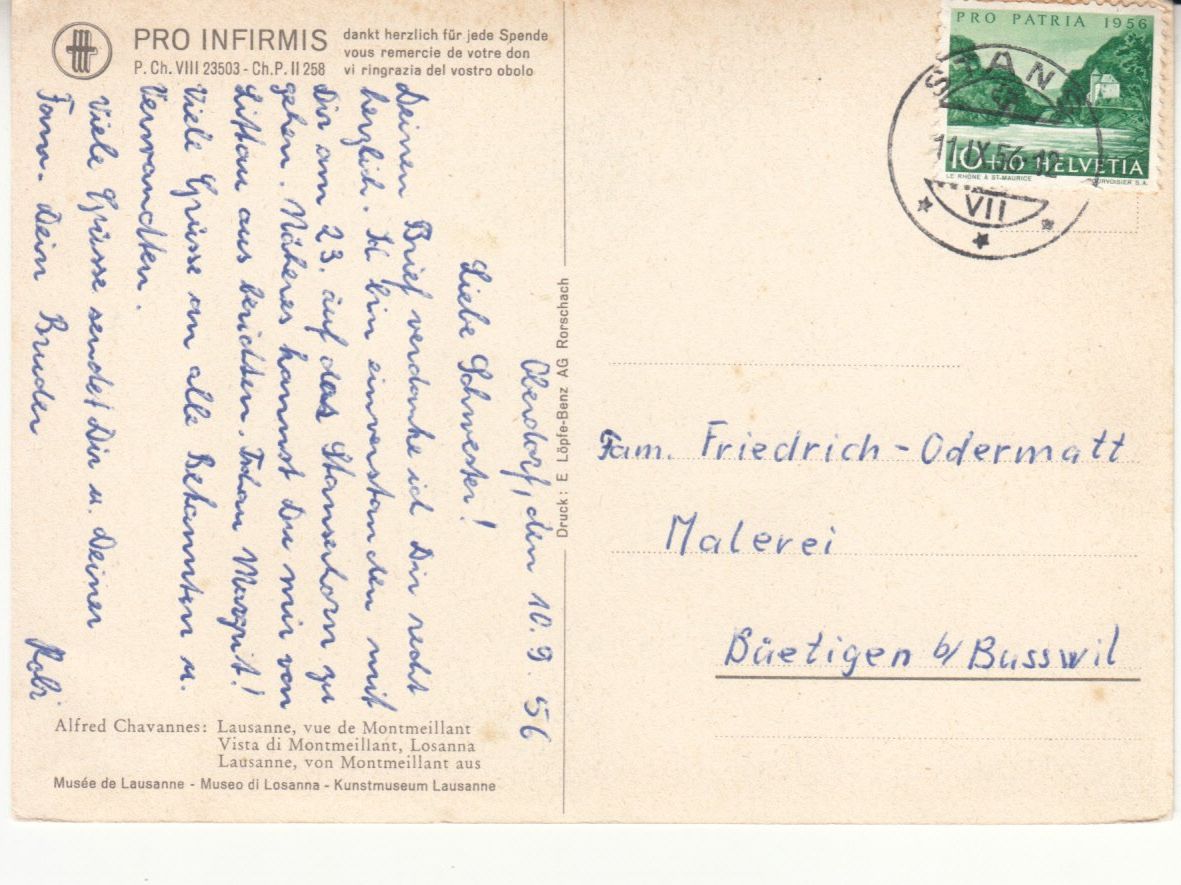 Cartoline postali: Lausanne 1956 Pro Infirmis – Usato da Bürglen TG venduto da StampGraf 1