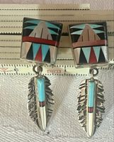 Ohrringe Feder Zuni Sterling Silber mit Inlay Damen
