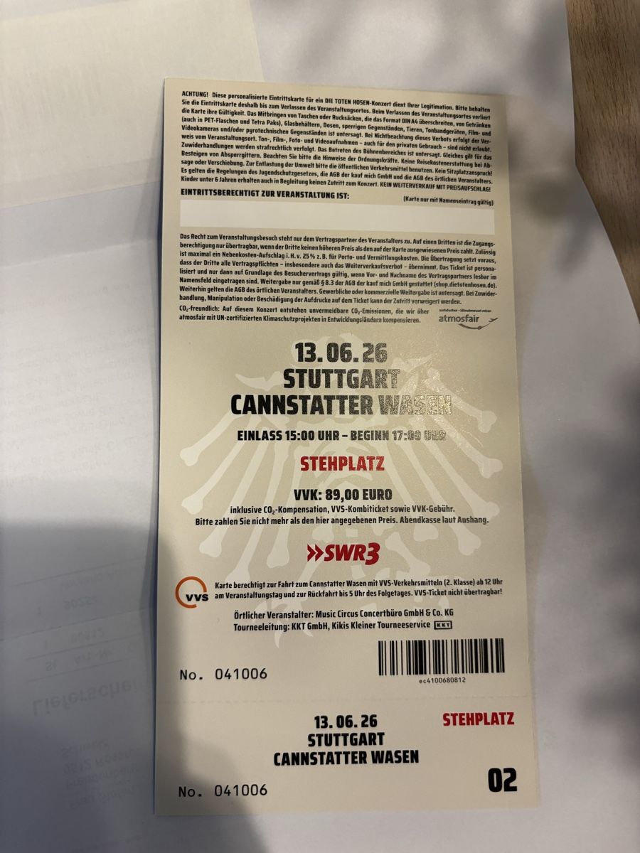 Biglietti: Toten Hosen – Nuovo (secondo la descrizione) da Rossrüti venduto da poger 1