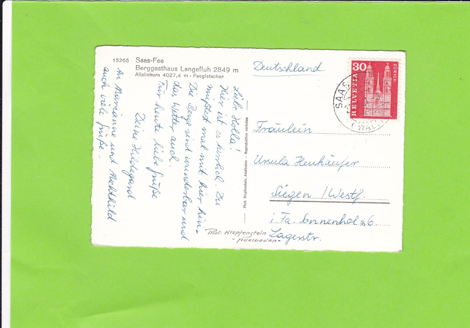 Cartoline postali: Saas-Fee, Berggasthaus Langefluh – Usato da St. Peterzell venduto da neckertal 1