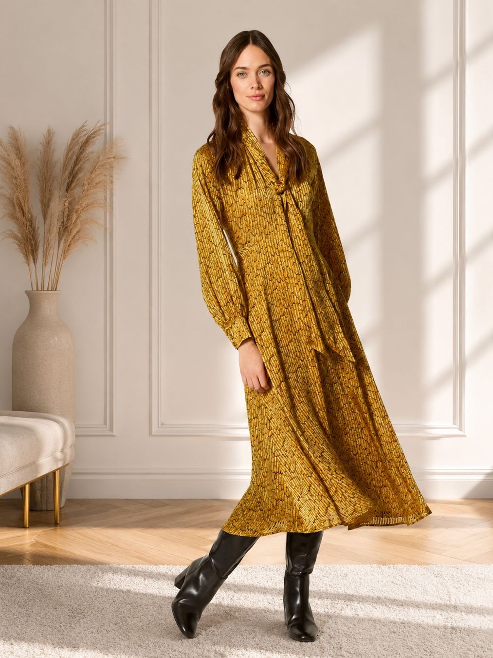 Kleider: Marks & Spencer Mustard Print Maxi Long Dress – Gebraucht aus Corsier-sur-Vevey von Kristina.Nova