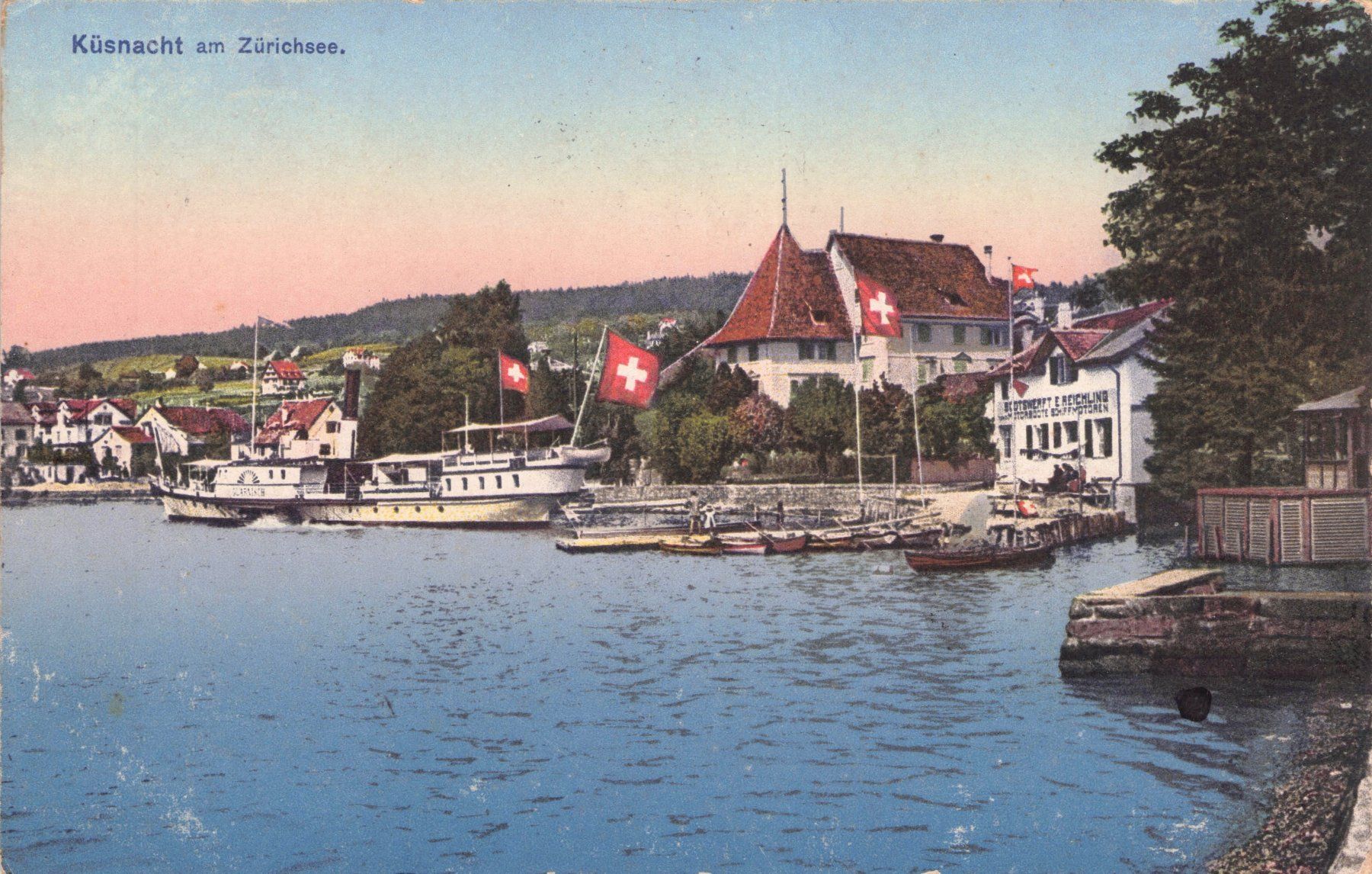 Cartoline postali: Küsnacht ZH // ca. 1910 Dampfschiff Bootswerft E. Reichlin – Usato da Basel venduto da intermezzo12
