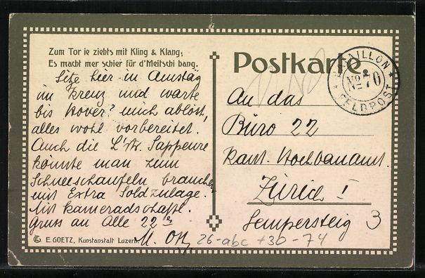 Foto, Lettere & Cartoline: sign. E. Goetz: schweizer Soldaten mit M – Usato da Berlin venduto da bartko-reher 1