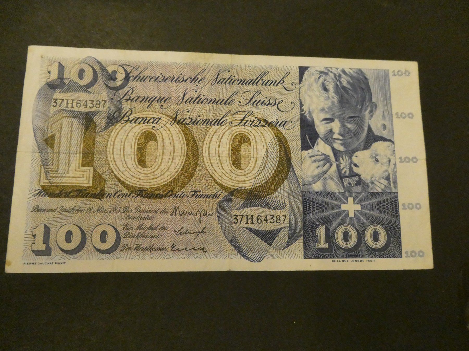 Banknoten: Schweiz 1963, 100 Franken – Gebraucht aus Hinterforst von Rohusri