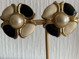 Clips d'oreilles vintage chics - perle ivoire et noir ✨ (52)