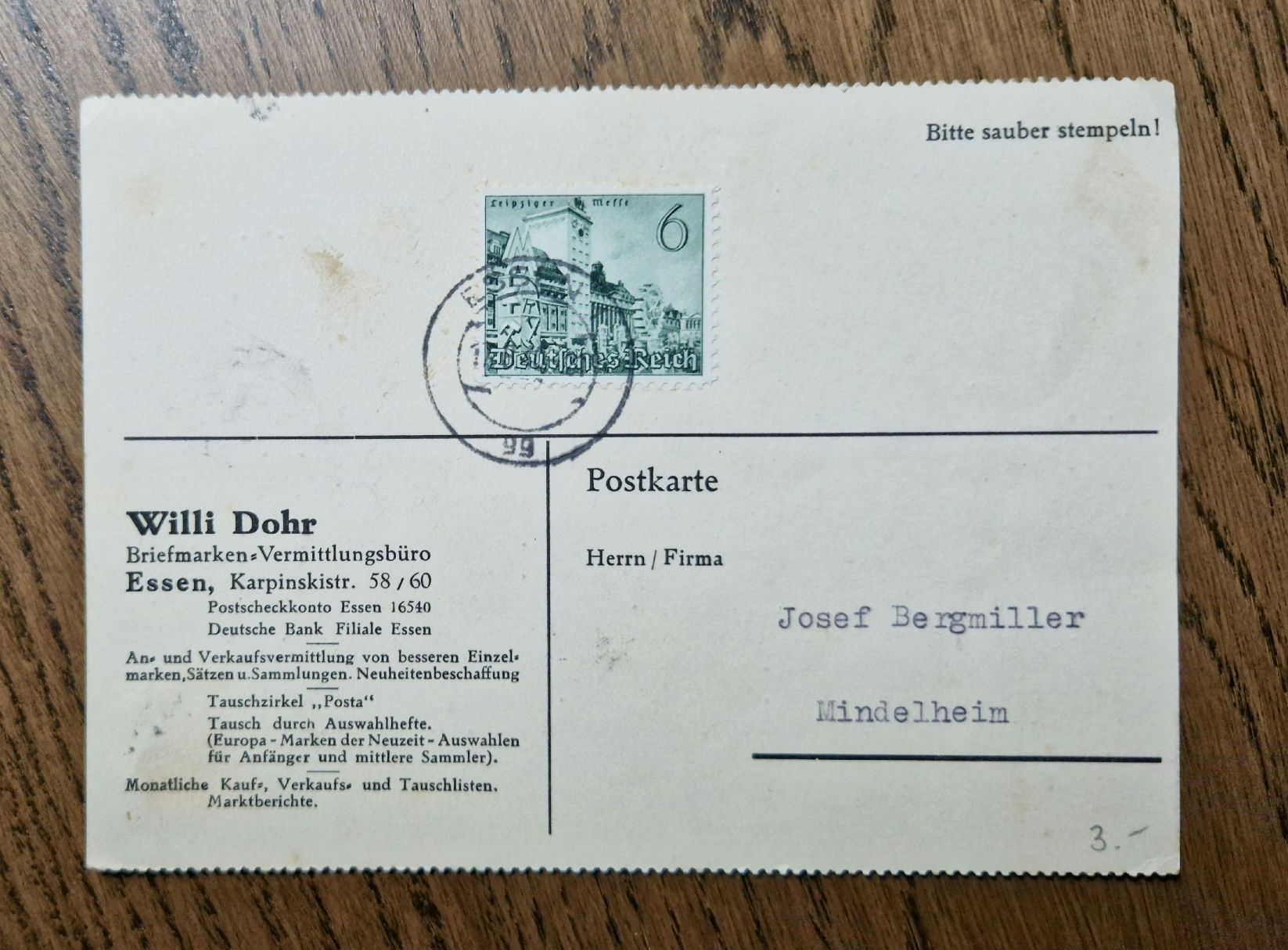 Cartoline postali: Postkarte Briefmarkenhandel, Einblick 1940 Essen – Usato da Ebikon venduto da Donar50