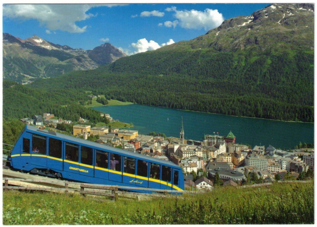Ansichtskarten: St. Moritz mit Standseilbahn Chantarella – Gebraucht aus Binningen von Mountainrider