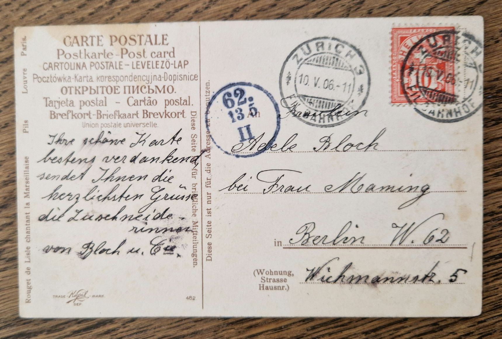 Ansichtskarten: Chantant La Marseillaise, 1907 n. Berlin, a. AdeleBloch – Gebraucht aus Ebikon von Donar50 2